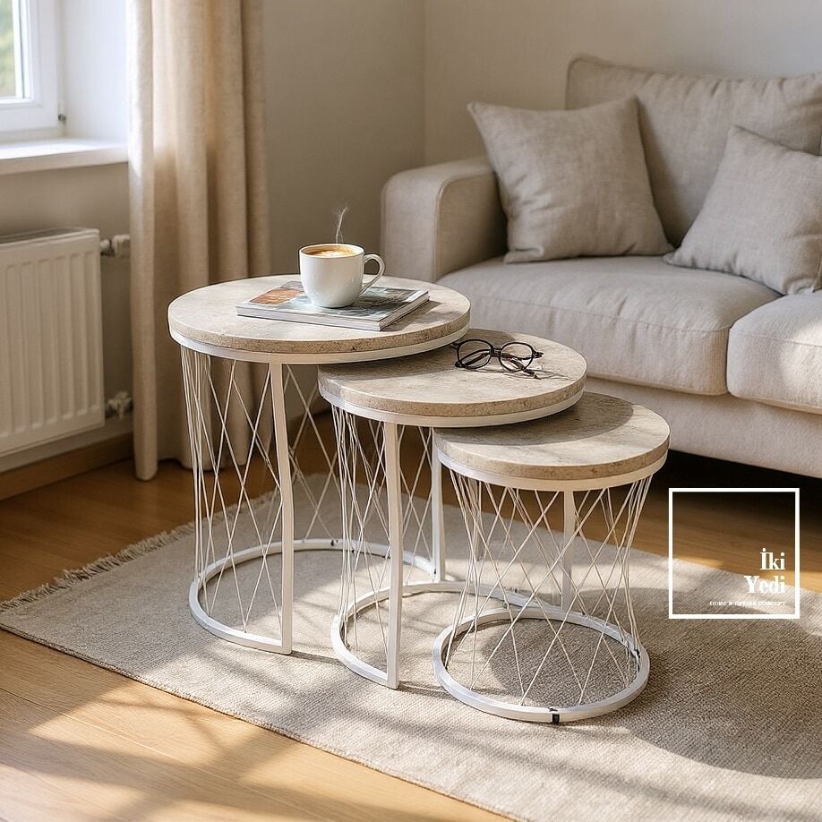 Şimşek Traverten Renkli Krem Rengi Metal Pota Ayaklı Zigon Sehpa Seti, 3’lü Modern Tasarım Ofis Ev