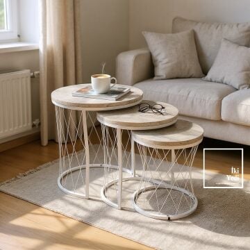 Şimşek Traverten Renkli Krem Rengi Metal Pota Ayaklı Zigon Sehpa Seti, 3’lü Modern Tasarım Ofis Ev