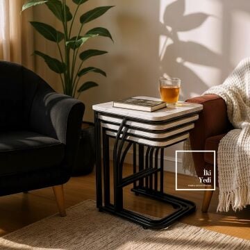 Graham Beyaz Mermer Desenli 4’lü Zigon Sehpa Seti Tekerlekli Metal C Ayak Tasarım Koltuk Başı Yanı