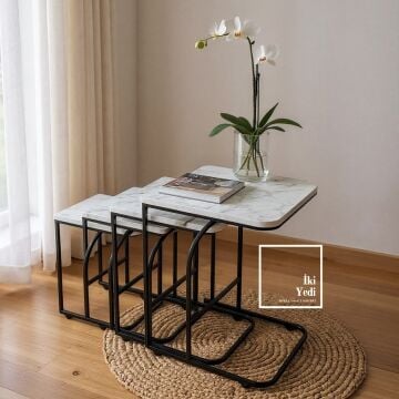 Graham Beyaz Mermer Desenli 4’lü Zigon Sehpa Seti Tekerlekli Metal C Ayak Tasarım Koltuk Başı Yanı