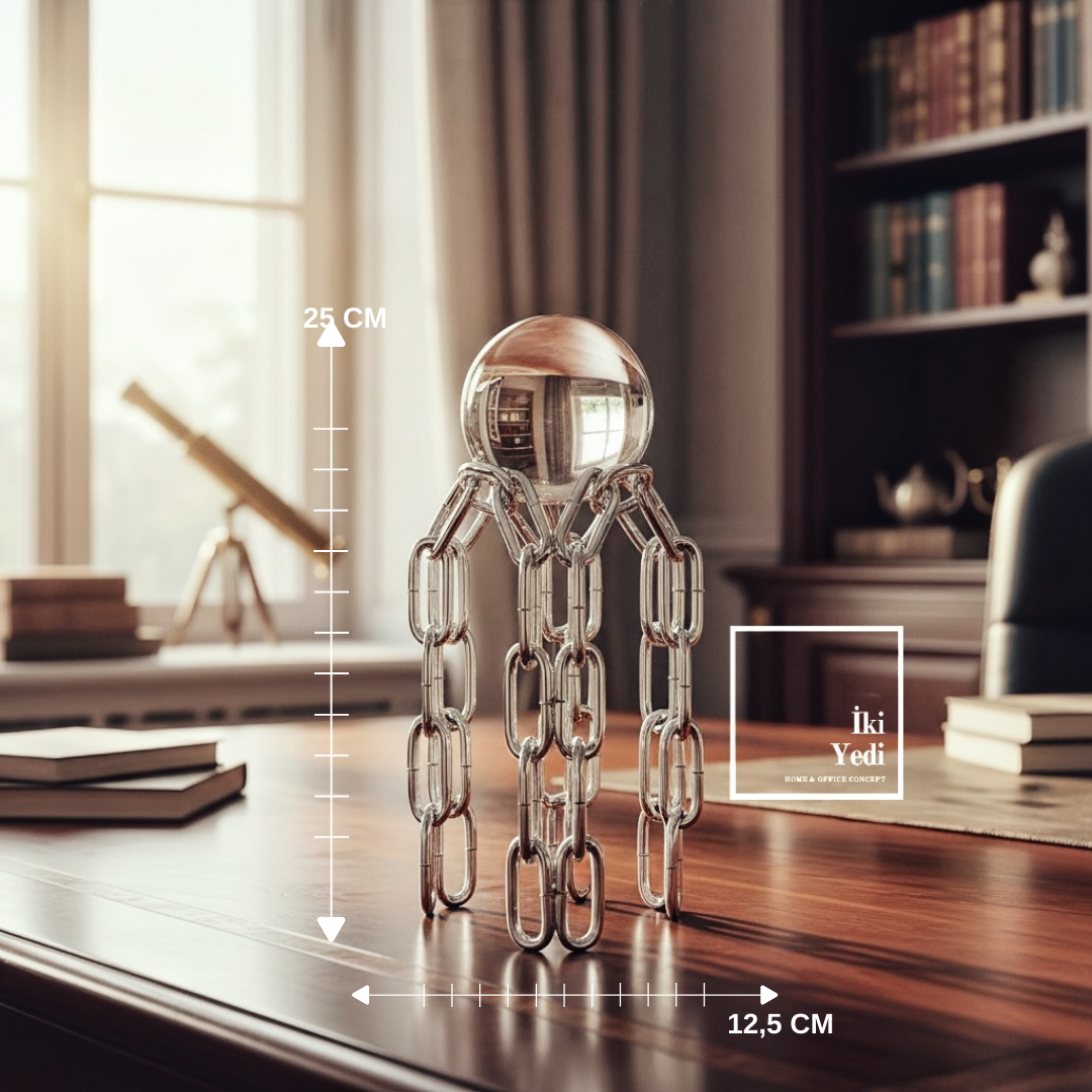 Stilpo Gümüş Zincir Figürlü Kristal Küre Obje 25 cm, Modern Masaüstü Ofis ve Salon Dekor Aksesuarı