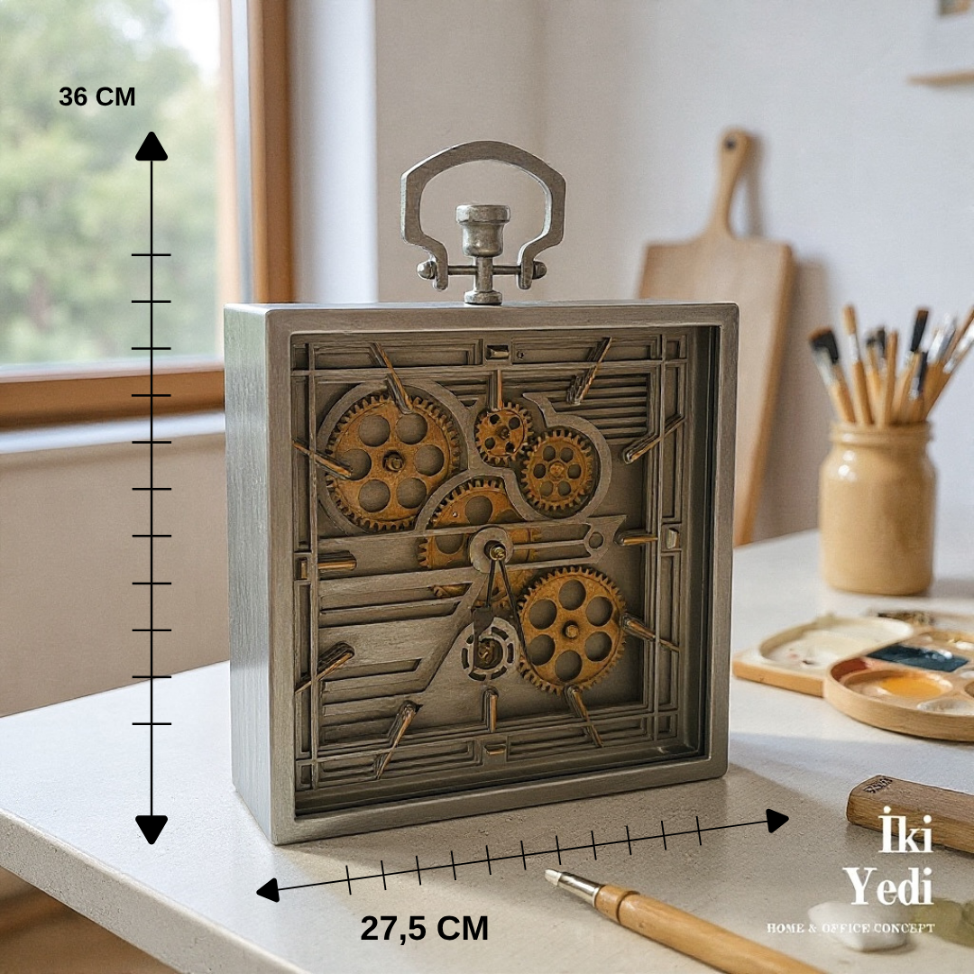 Bordeaux Gri Kare Hem Masa Saati Hem Duvar Saat Döner Çarklı Mekanizma Endüstriyel Tasarım Hediye