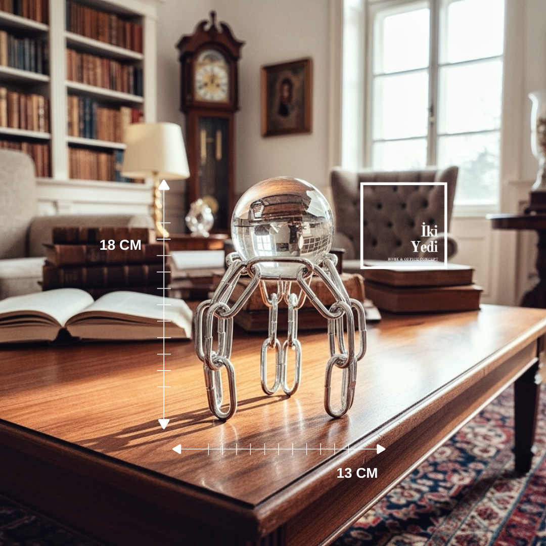 Stilpo Gümüş Zincir Figürlü Kristal Cam Küre Obje 18 cm Modern Masaüstü Ev ve Ofis Dekor Aksesuarı