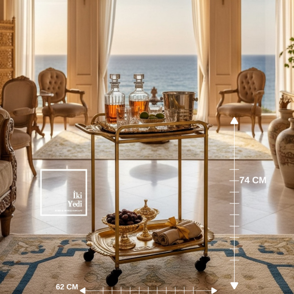 Agatha 771 Metal Eskitme 2 Katlı Servis Arabası Tekerlekli Bar Çay Sunum Sehpası Salon Ofis Dekor
