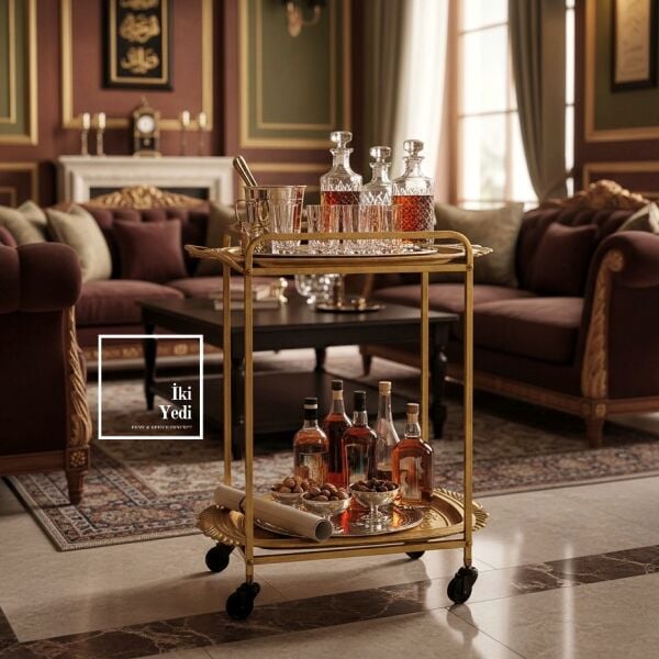 Agatha 771 Metal Eskitme 2 Katlı Servis Arabası Tekerlekli Bar Çay Sunum Sehpası Salon Ofis Dekor