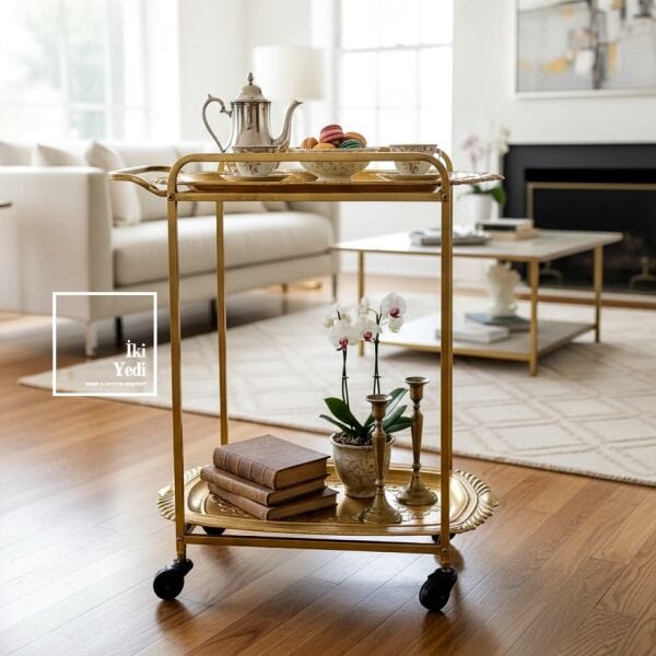 Agatha 771 Metal Eskitme 2 Katlı Servis Arabası Tekerlekli Bar Çay Sunum Sehpası Salon Ofis Dekor