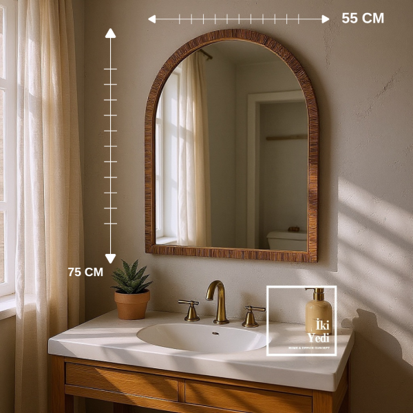 Thilo Kemer Tasarım Ceviz Duvar Aynası 75x55 cm Modern Kavis Formlu Dekoratif Ayna Ev Banyo Salon