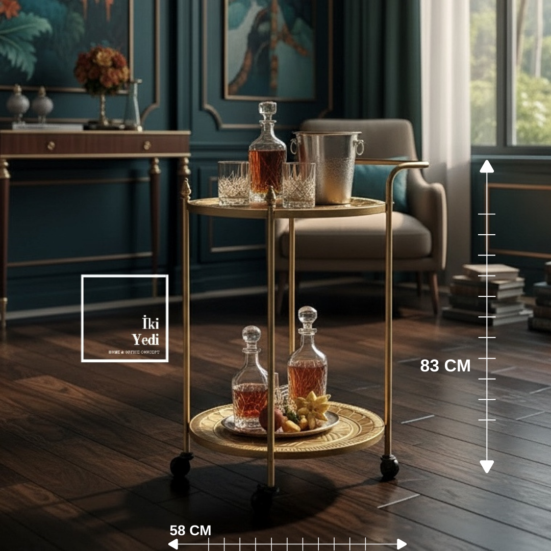 Agatha 772 Metal Eskitme Servis Arabası Tekerlekli Sunum Masası Salon Mutfak Ofis Bar Arabası Antik