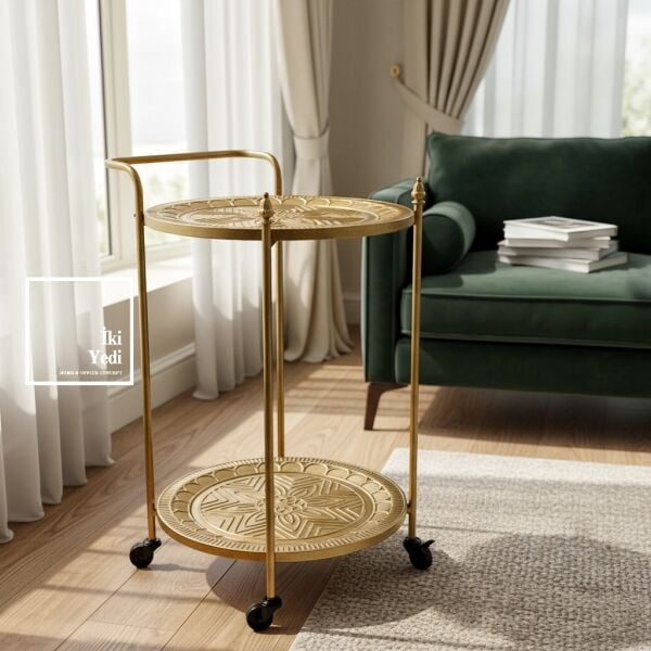 Agatha 772 Metal Eskitme Servis Arabası Tekerlekli Sunum Masası Salon Mutfak Ofis Bar Arabası Antik