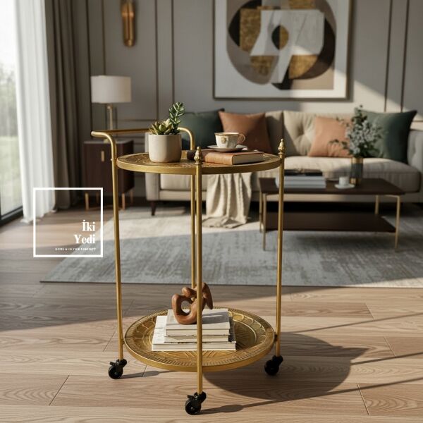 Agatha 772 Metal Eskitme Servis Arabası Tekerlekli Sunum Masası Salon Mutfak Ofis Bar Arabası Antik