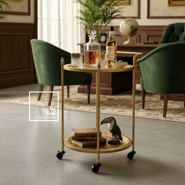 Agatha 772 Metal Eskitme Servis Arabası Tekerlekli Sunum Masası Salon Mutfak Ofis Bar Arabası Antik