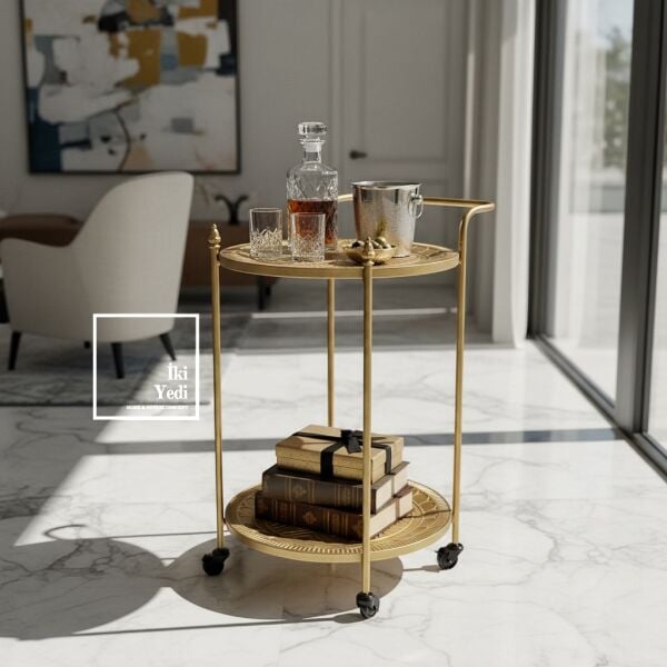 Agatha 772 Metal Eskitme Servis Arabası Tekerlekli Sunum Masası Salon Mutfak Ofis Bar Arabası Antik