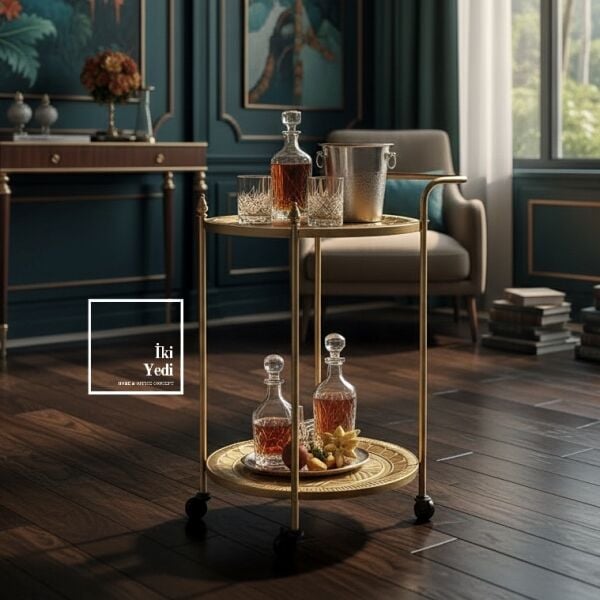 Agatha 772 Metal Eskitme Servis Arabası Tekerlekli Sunum Masası Salon Mutfak Ofis Bar Arabası Antik