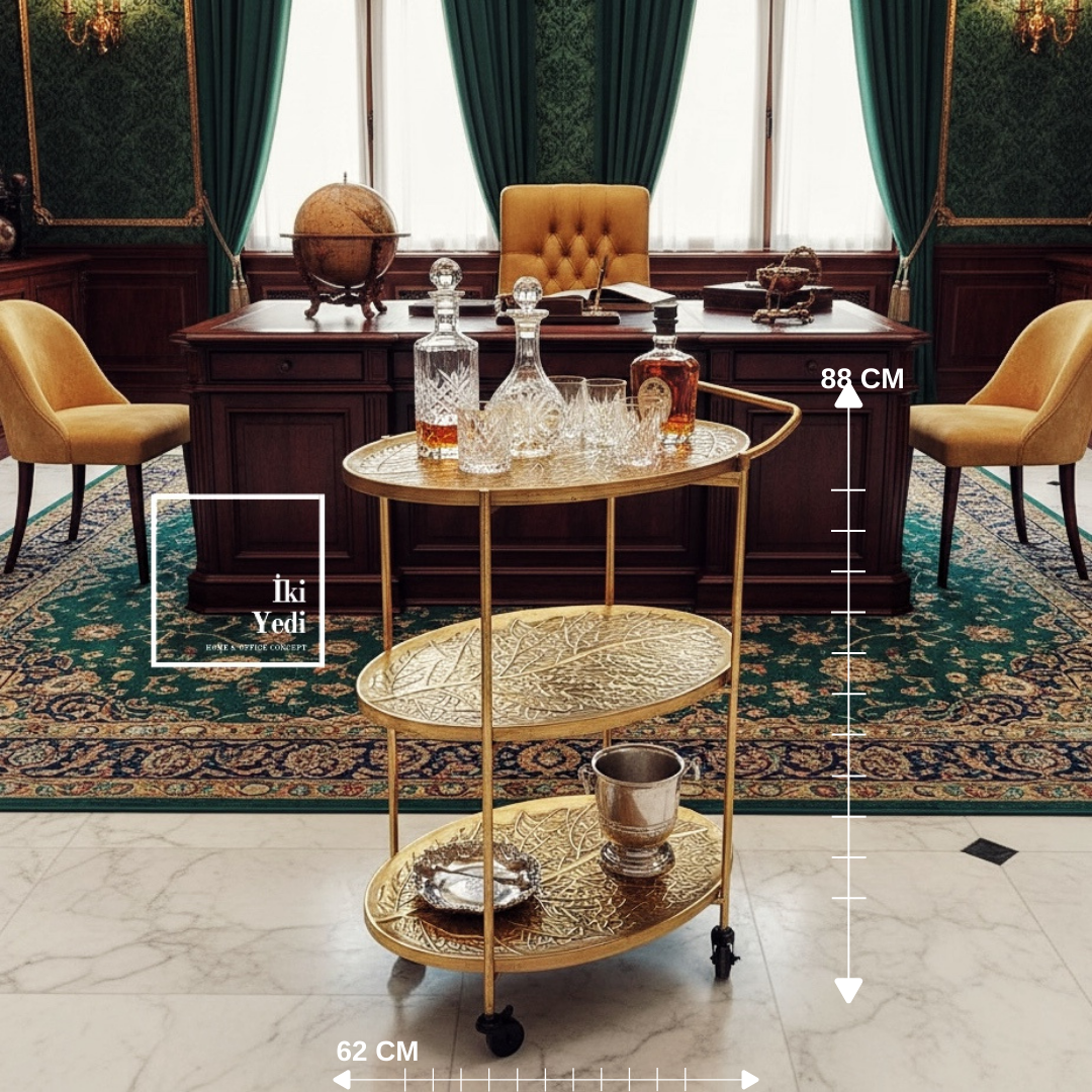 Agatha 773 Metal Eskitme 3 Katlı Tekerlekli Servis Arabası Bar Sunum Sehpası Dekoratif İkram Masası