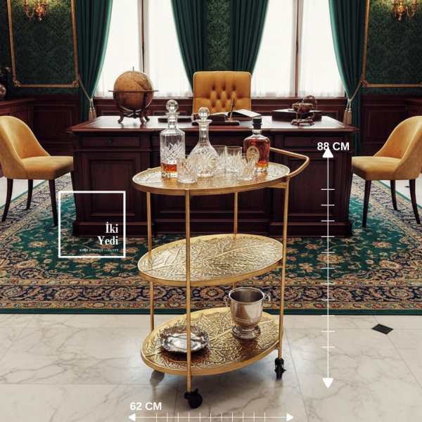 Agatha 773 Metal Eskitme 3 Katlı Tekerlekli Servis Arabası Bar Sunum Sehpası Dekoratif İkram Masası