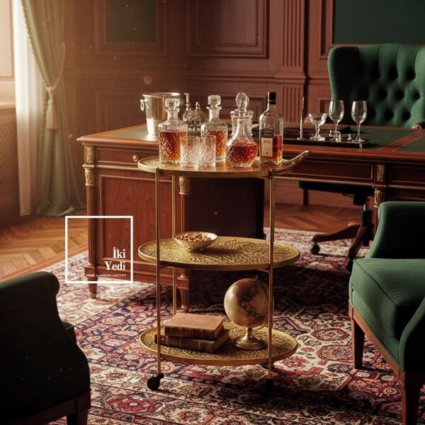 Agatha 773 Metal Eskitme 3 Katlı Tekerlekli Servis Arabası Bar Sunum Sehpası Dekoratif İkram Masası