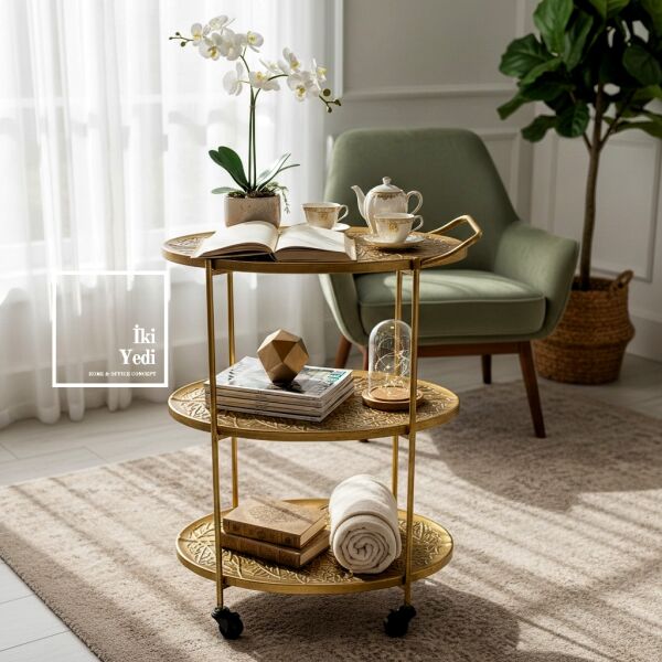 Agatha 773 Metal Eskitme 3 Katlı Tekerlekli Servis Arabası Bar Sunum Sehpası Dekoratif İkram Masası