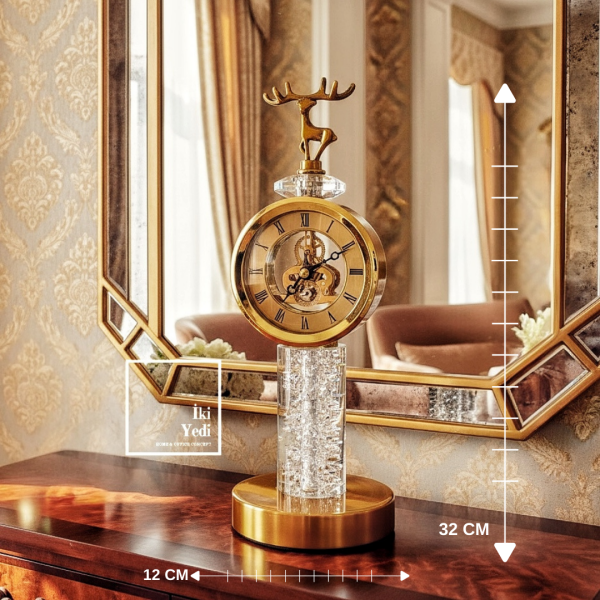 Ritz Geyik Figürlü Kristal Gövdeli Masa Saati Altın Bronz Tonlu Dekoratif Ofis ve Salon Saat Modeli