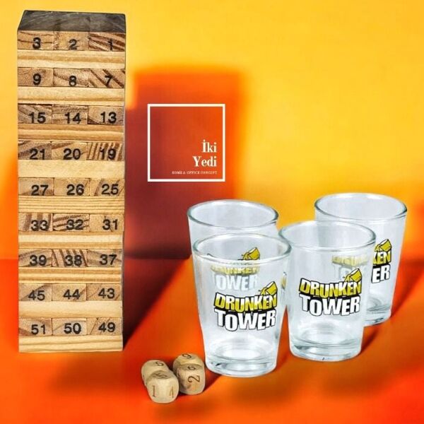 Jenga Oyunu Drunken Tower – Yetişkinler İçin Eğlenceli İçki Oyunı 4 Shot Bardağı, Bol Kahkaha!