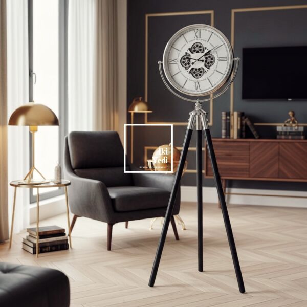 Theon Tripod Ayaklı Dekoratif Büyük Boy Saat 170 cm Vintage Salon Ofis Zemin Saati Modern Tasarım