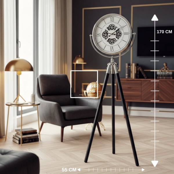 Theon Tripod Ayaklı Dekoratif Büyük Boy Saat 170 cm Vintage Salon Ofis Zemin Saati Modern Tasarım