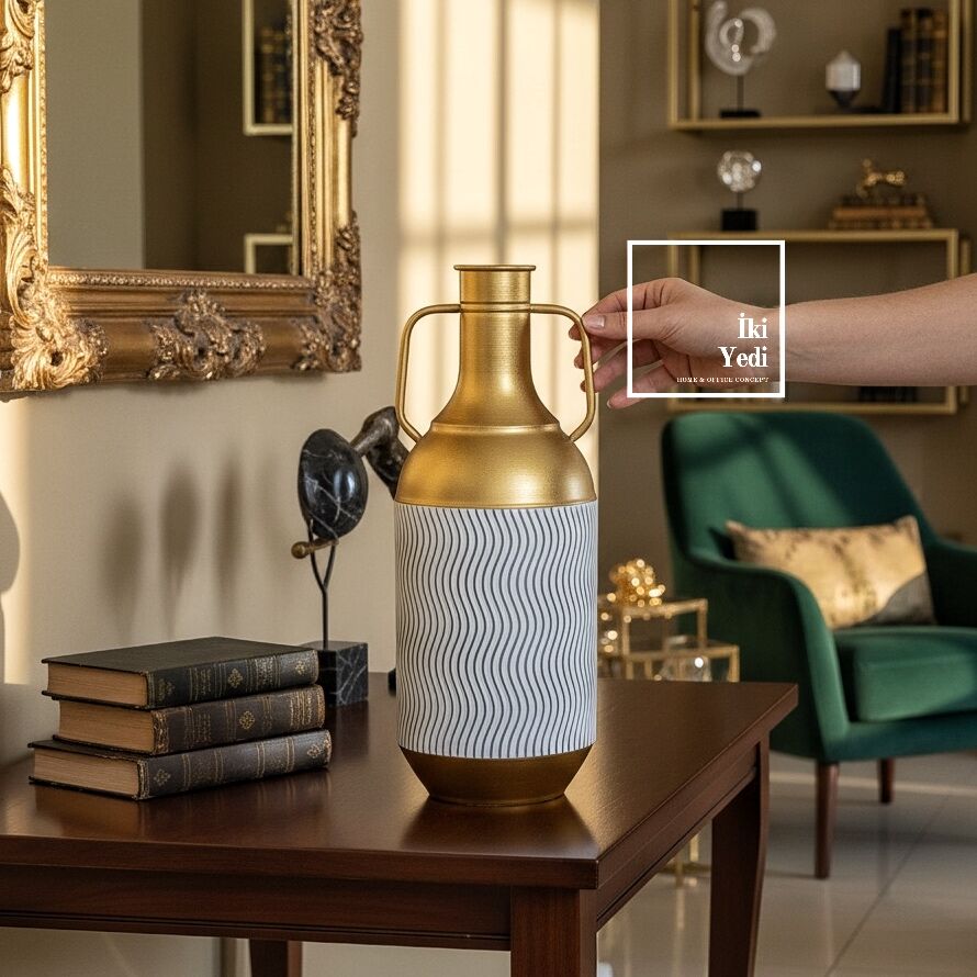 Tulipa Modern Altın Metal Amfora Vazo Dekoratif Salon Ofis Aksesuarı 45 cm Lüks Tasarım Obje Hediye