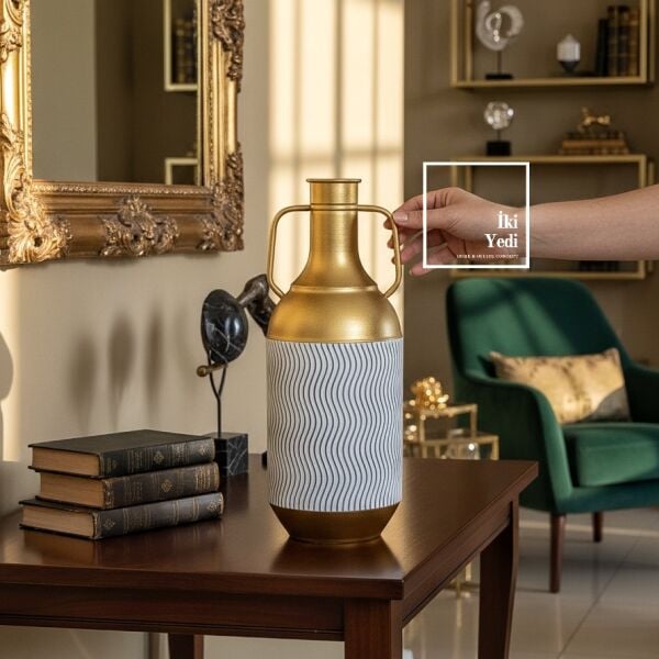 Tulipa Modern Altın Metal Amfora Vazo Dekoratif Salon Ofis Aksesuarı 45 cm Lüks Tasarım Obje Hediye