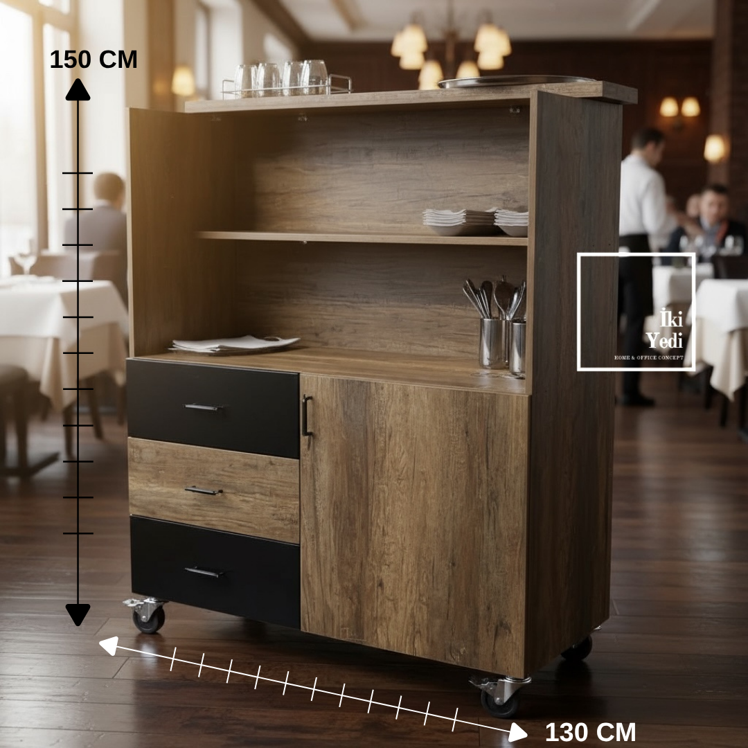 Compact Servant Dolap Tekerlekli Garson Dolabı Çekmeceli Kasa Bankosu Cafe Restoran Servis Ünitesi