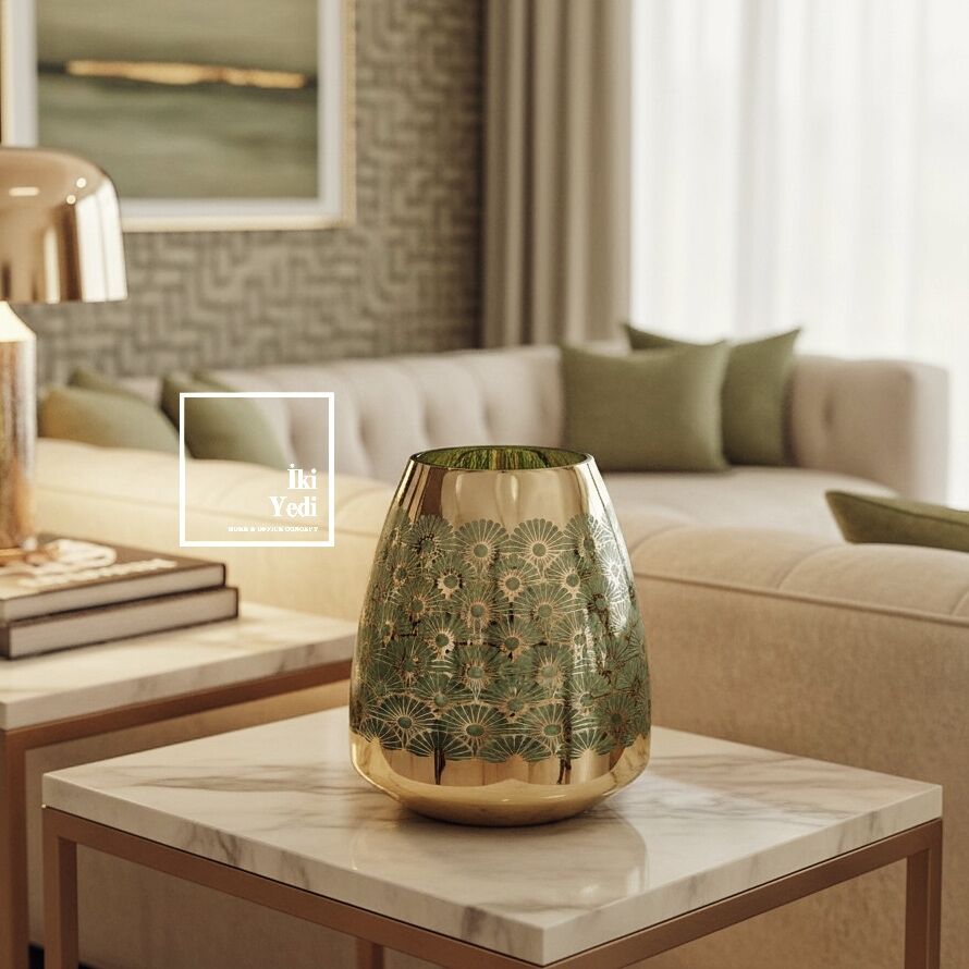 Quesnoy 771 Altın Yaldızlı Yeşil Desenli Cam Vazo Modern Salon Dekoru Şık Masa Üstü Dekoratif Obje