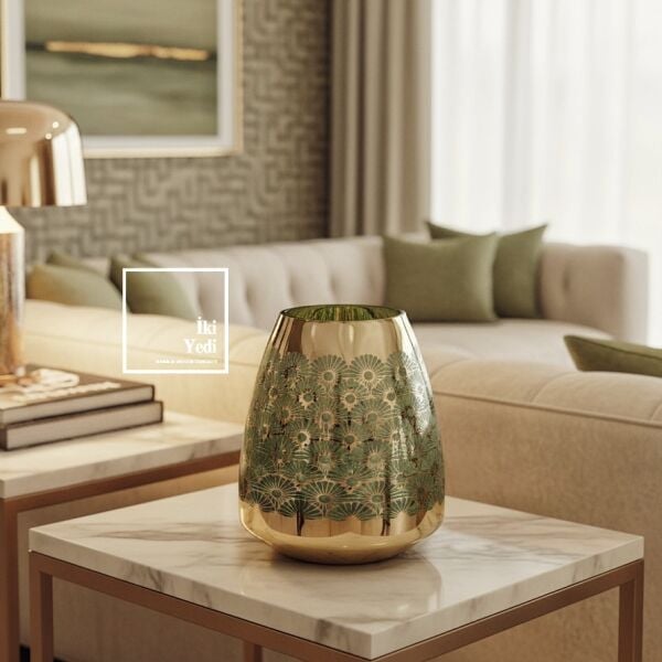 Quesnoy 771 Altın Yaldızlı Yeşil Desenli Cam Vazo Modern Salon Dekoru Şık Masa Üstü Dekoratif Obje