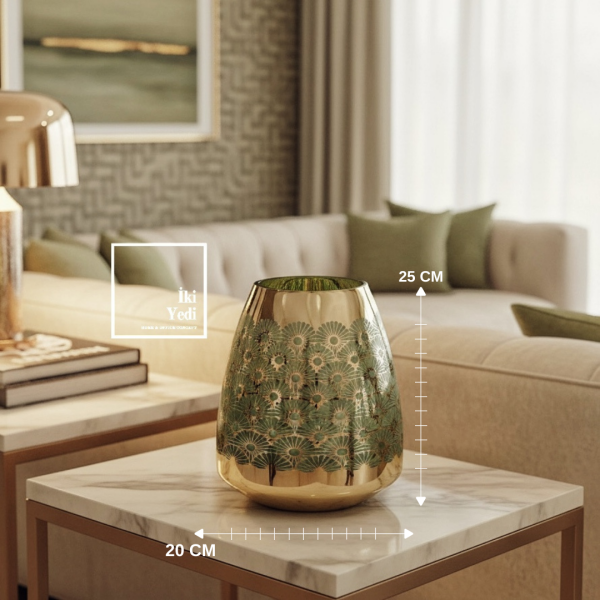 Quesnoy 771 Altın Yaldızlı Yeşil Desenli Cam Vazo Modern Salon Dekoru Şık Masa Üstü Dekoratif Obje