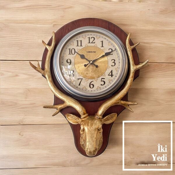 Guerro Geyik Kafası Dağ Evi Saati Ahşap Duvar Saati Boynuzlu Geyik Başı Dekor Ev Ofis Büro Dekorasyon Antik Tasarım