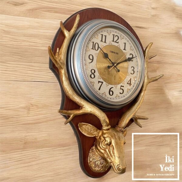 Guerro Geyik Kafası Dağ Evi Saati Ahşap Duvar Saati Boynuzlu Geyik Başı Dekor Ev Ofis Büro Dekorasyon Antik Tasarım