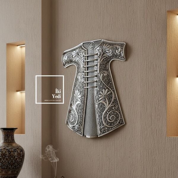 Humayun Osmanlı Kaftanı Duvar Dekoru Gümüş Tonlu Metal Tablo 45x37 cm Salon Ofis Duvar Süsü Hediye