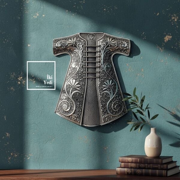 Humayun Osmanlı Kaftanı Duvar Dekoru Gümüş Tonlu Metal Tablo 45x37 cm Salon Ofis Duvar Süsü Hediye