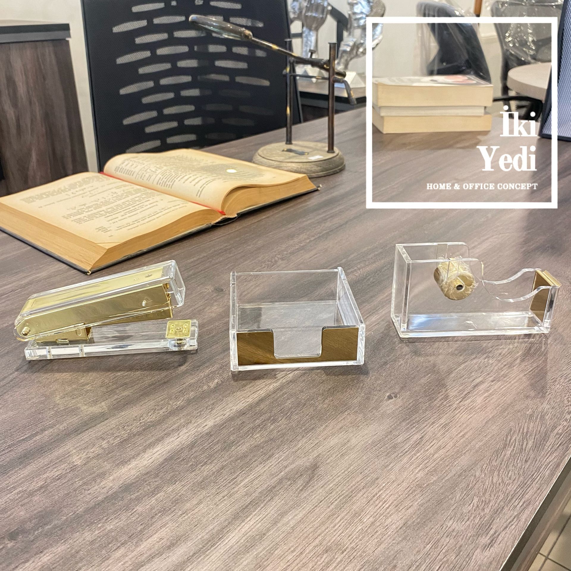 Amoura Şeffaf Gold Zımba Notluk Bant Kesici Ofis Aksesuar Seti Büro Gereçleri İş Hediyesi Dekoratif Masa Üstü Fonksiyonel Objeler
