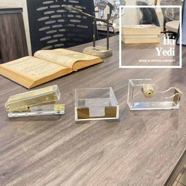 Amoura Şeffaf Gold Zımba Notluk Bant Kesici Ofis Aksesuar Seti Büro Gereçleri İş Hediyesi Dekoratif Masa Üstü Fonksiyonel Objeler