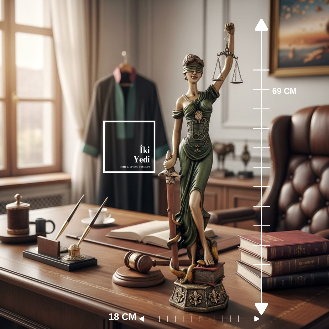 Themis Adalet Heykeli 69 cm Büyük Boy Dekoratif Lady Justice Avukat Ofis Hediyesi Yeşil Büro Dekoru