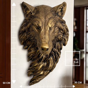 Crassus Kurt Başı Duvar Dekoru Gold Renk 50x30 cm Polyester Kurt Heykeli Ofis ve Ev Duvar Aksesuarı