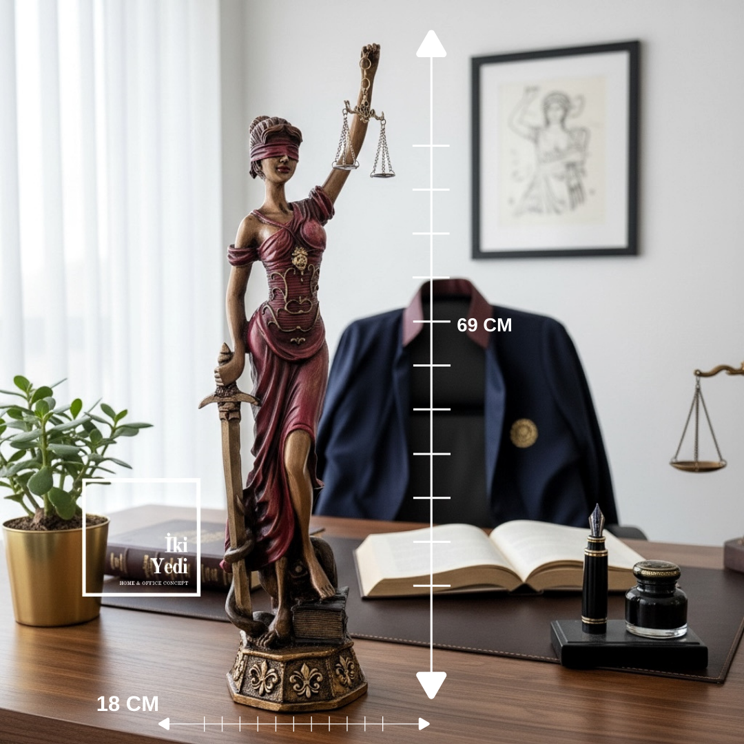 Themis Adalet Heykeli 69 cm Bordo, Büyük Boy Lady Justice, Avukat Ofis Dekoru, Hukuk Hediyesi Biblo