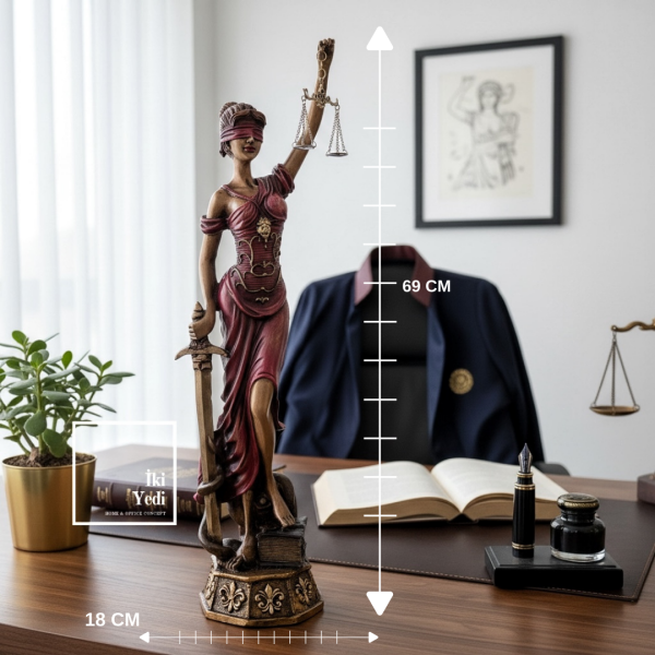 Themis Adalet Heykeli 69 cm Bordo, Büyük Boy Lady Justice, Avukat Ofis Dekoru, Hukuk Hediyesi Biblo