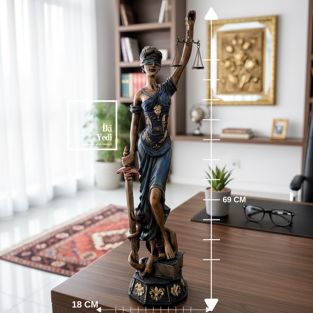 Themis Adalet Heykeli 69 cm Mavi, Büyük Boy Lady Justice, Avukat Ofis Dekoru, Hukuk Hediyesi Büro