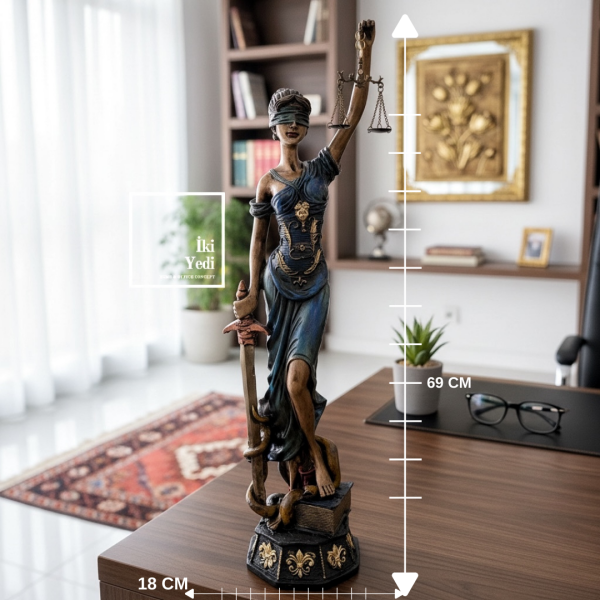 Themis Adalet Heykeli 69 cm Mavi, Büyük Boy Lady Justice, Avukat Ofis Dekoru, Hukuk Hediyesi Büro