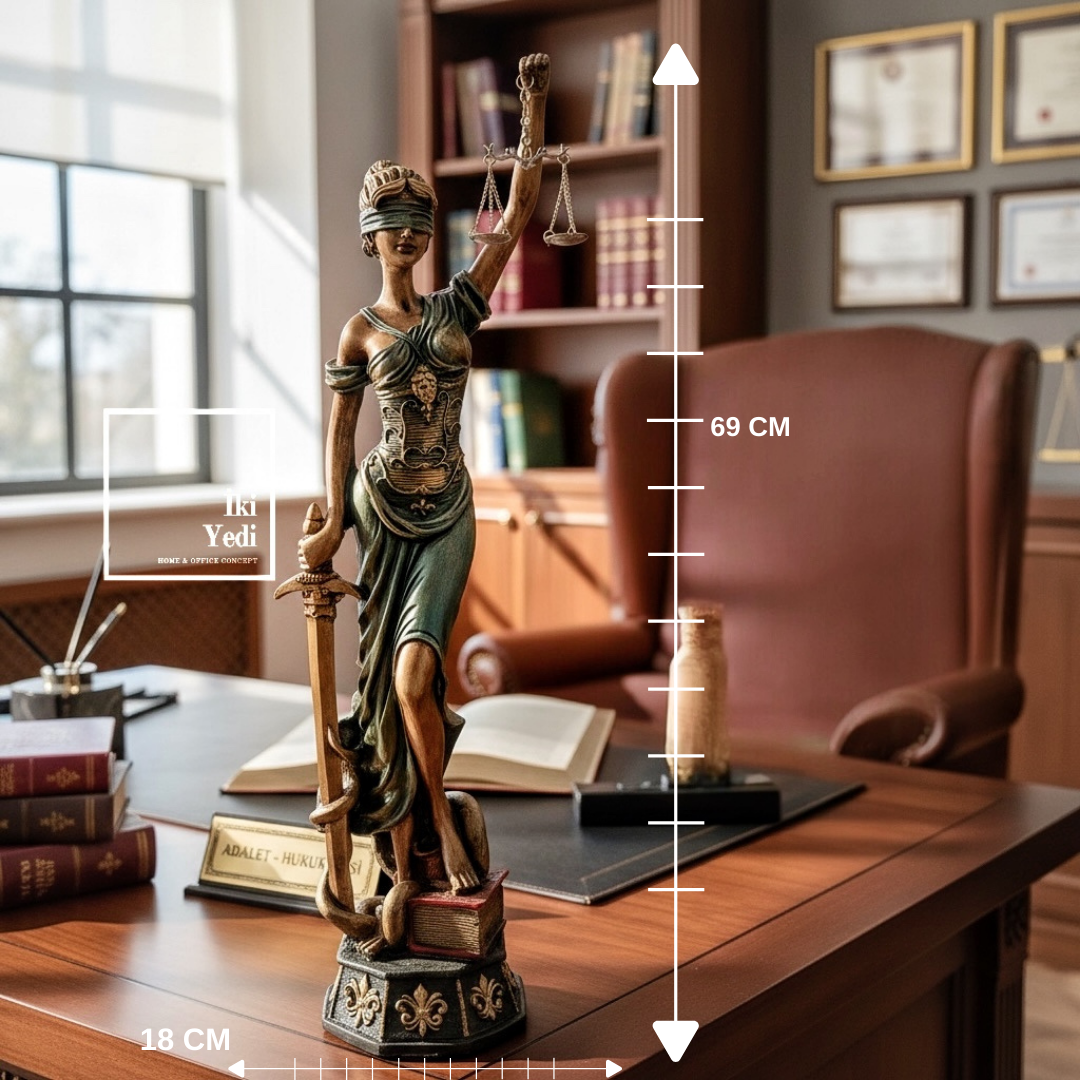 Themis Adalet Heykeli 69 cm Yeşil, Büyük Boy Lady Justice, Avukat Ofis Dekoru, Hukuk Hediyesi Mito