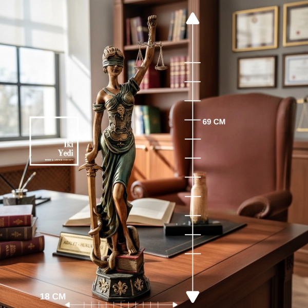 Themis Adalet Heykeli 69 cm Yeşil, Büyük Boy Lady Justice, Avukat Ofis Dekoru, Hukuk Hediyesi Mito