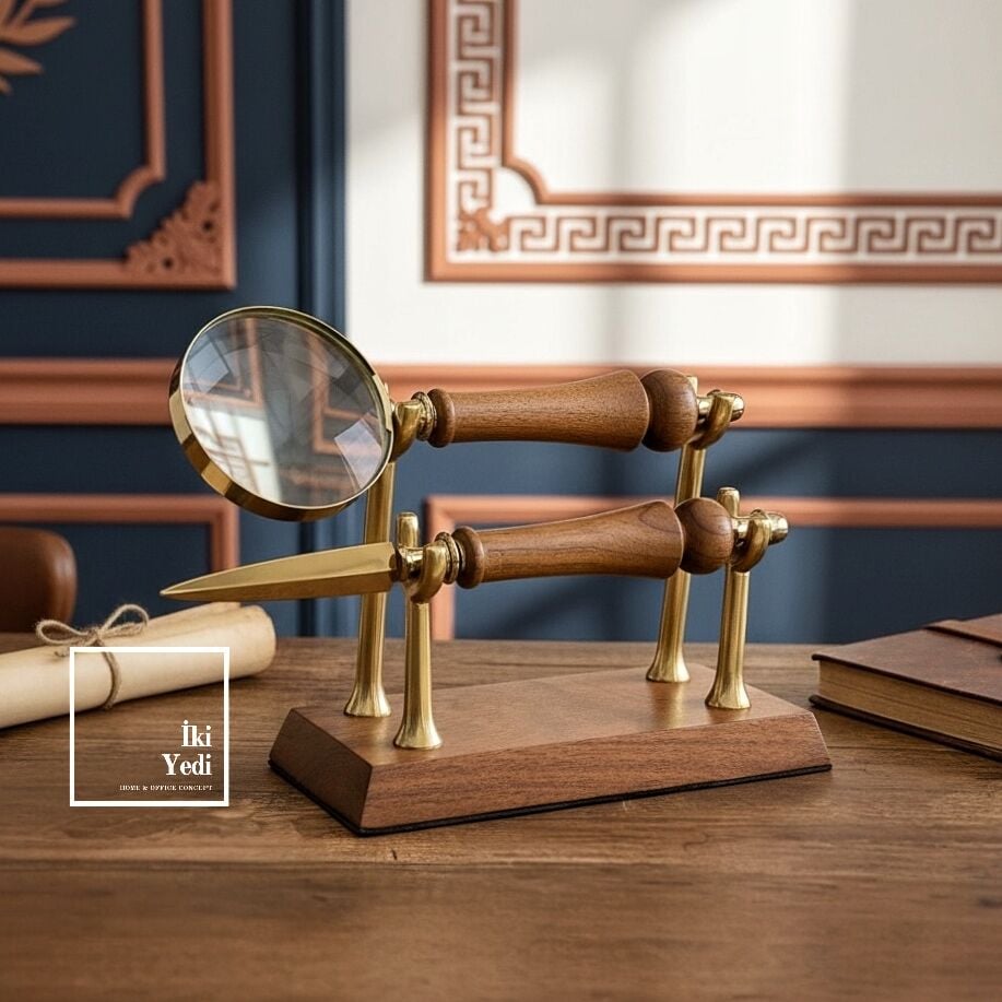 Hilda Ahşap Stantlı Büyüteç ve Mektup Açacağı Seti Ofis Masası Aksesuarı Dekoratif Hediye Makam Set