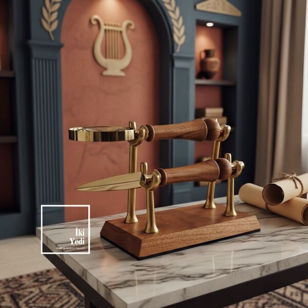 Hilda Ahşap Stantlı Büyüteç ve Mektup Açacağı Seti Ofis Masası Aksesuarı Dekoratif Hediye Makam Set