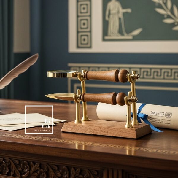 Hilda Ahşap Stantlı Büyüteç ve Mektup Açacağı Seti Ofis Masası Aksesuarı Dekoratif Hediye Makam Set