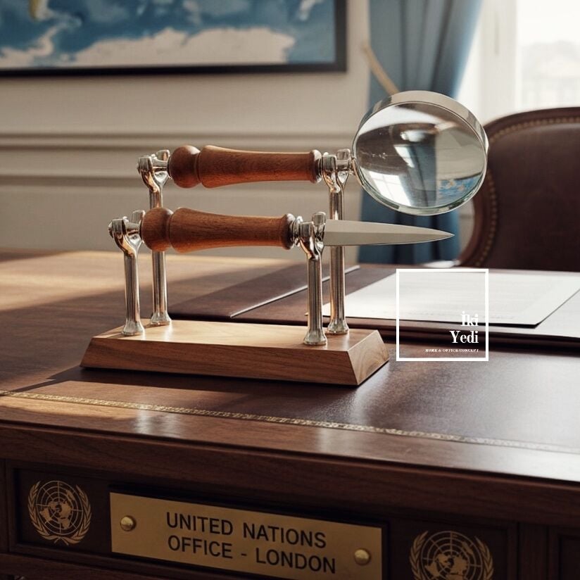 Hilda Ahşap Stantlı Büyüteç Mektup Açacağı Seti Ofis Hediyesi Masa Üstü Aksesuar Klasik Dekor Set