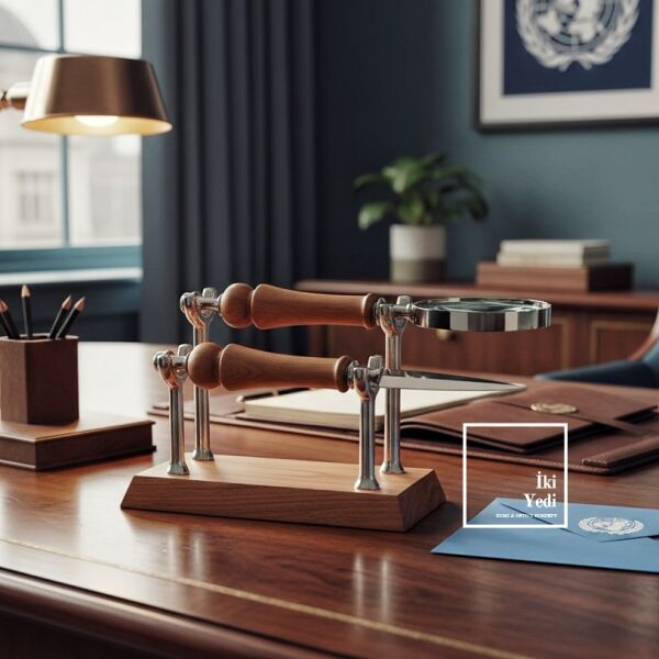 Hilda Ahşap Stantlı Büyüteç Mektup Açacağı Seti Ofis Hediyesi Masa Üstü Aksesuar Klasik Dekor Set